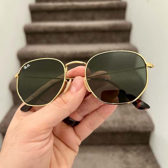 New Ray-Ban Hexagonal RB3548 Sunglasses 54mm Gold/Green - Picture 4 of 5